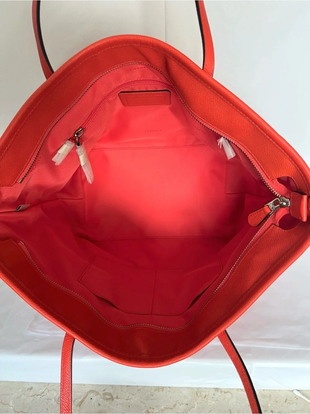 Coach Red Leather Tote with Luggage Tag and Logo Plaque